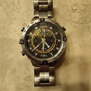 Timex Men's Silver and Black Watch with Yellow Accents. 72N738